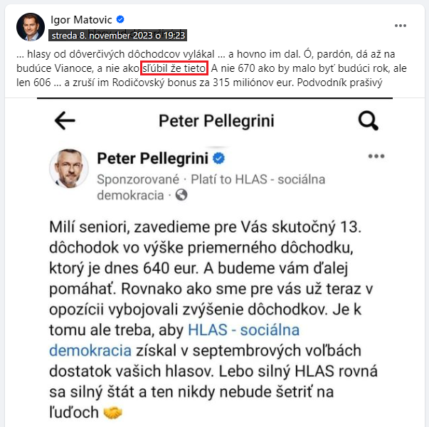 status Igor Matovič: Pellegerini sľúbil, že tieto